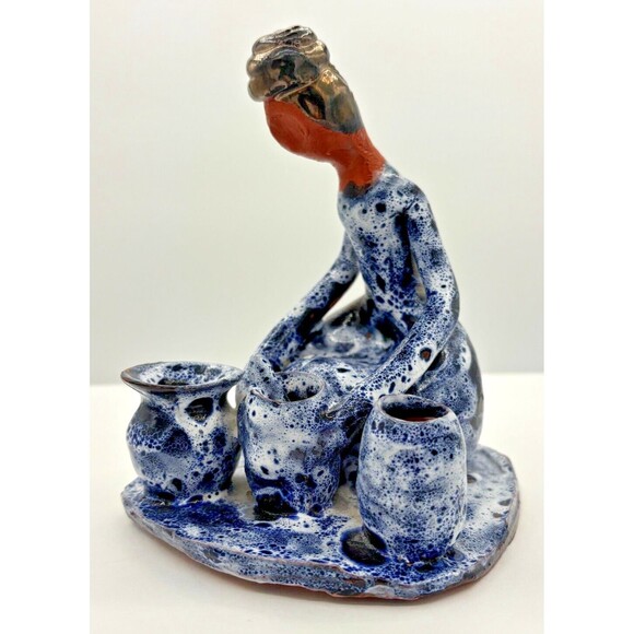 Vintage Clay‎ Art Pottery Figure Sitting w/Pots Primitive Blue Speckled Glazed - Picture 2 of 16